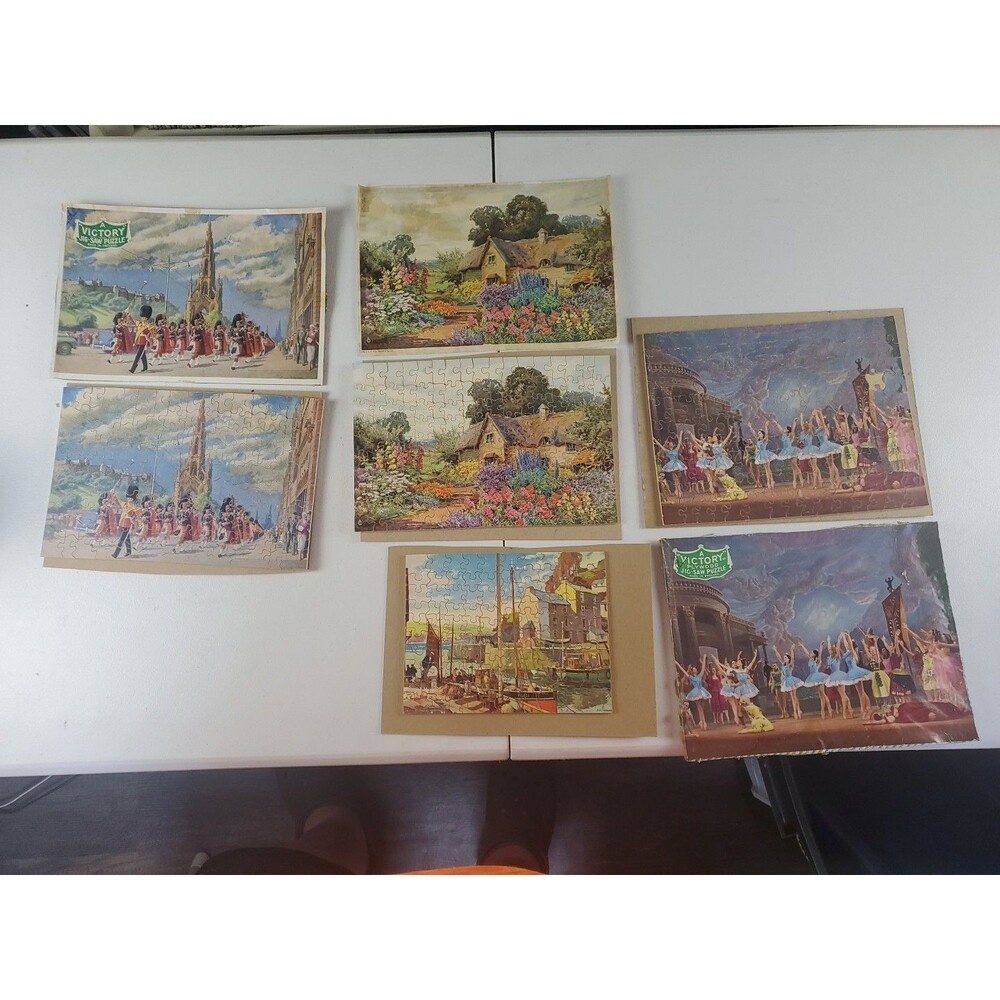 4 Vtg Collectable A Plywood Victory Wooden Jigsaw, Dancers Cottage Read Gold Box